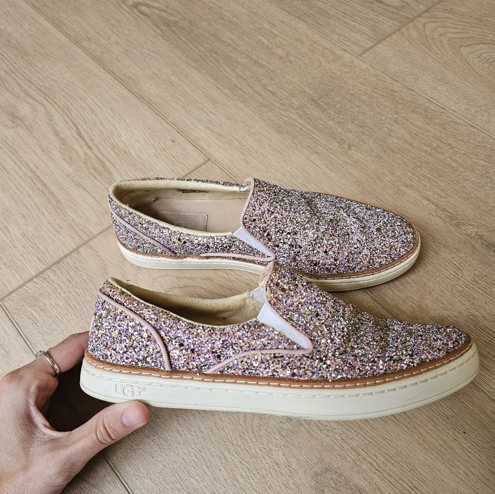 UGG Adley Pink Chunky Glitter Confetti Slip On Leather Shoes - Picture 3 of 10
